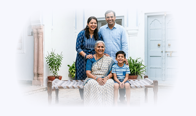 Family smiling with home in backgrond